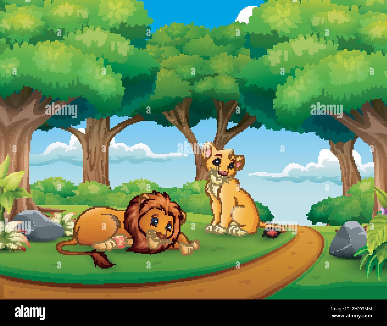Cartone animato di coppia leone nella giungla Illustrazione Vettoriale