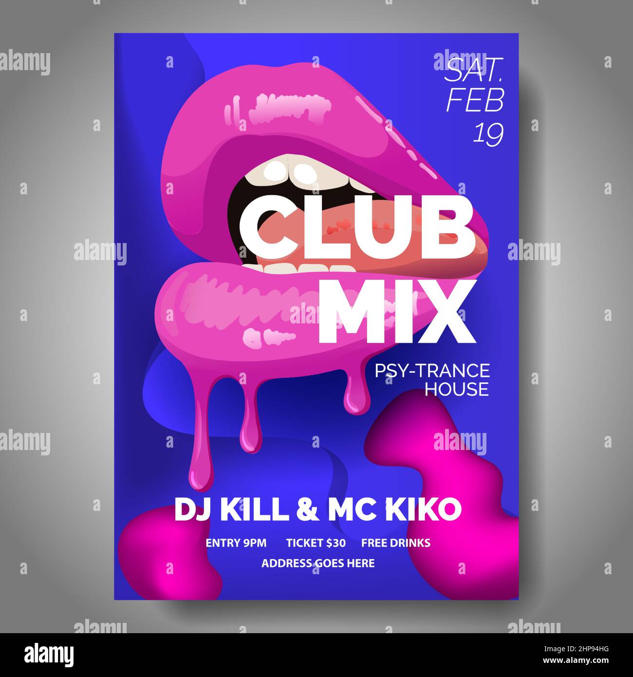 Poster del club con labbra rosa, festa da ballo, flyer fluidodinamico, invito, modello di banner, dj evento musicale, illustrazione vettoriale Illustrazione Vettoriale