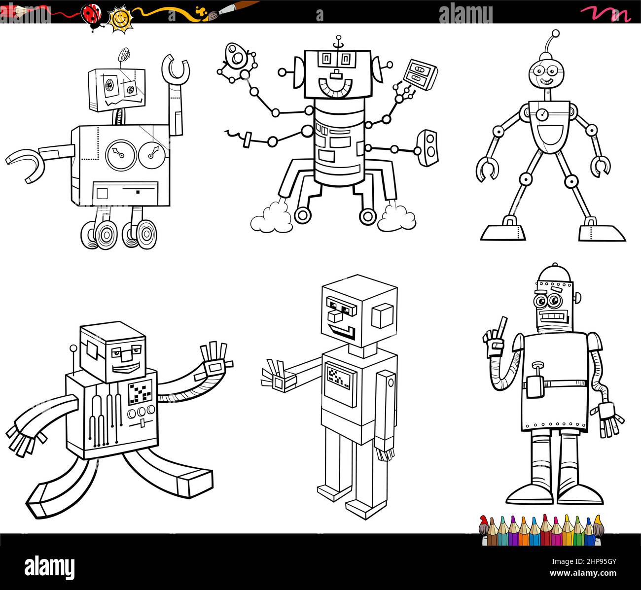 i robot cartoni animati e i personaggi droidi impostano la pagina del libro da colorare Illustrazione Vettoriale