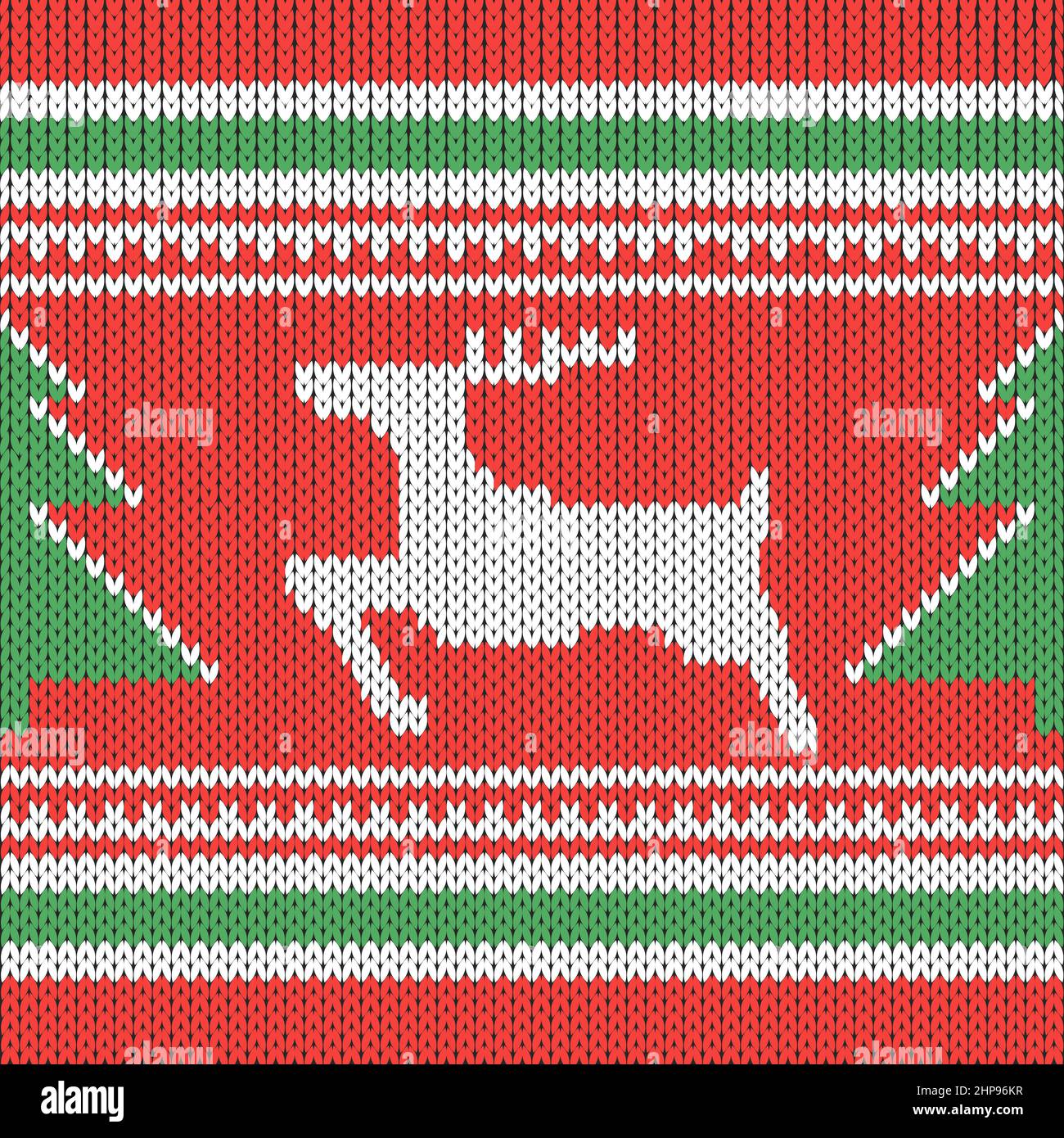 Christmas Knit Print. Bordo in maglia rosso scandinavo. Telaio Ugly maglione. Holiday Square Ornament. Crochet festivo. Illustrazione Vettoriale