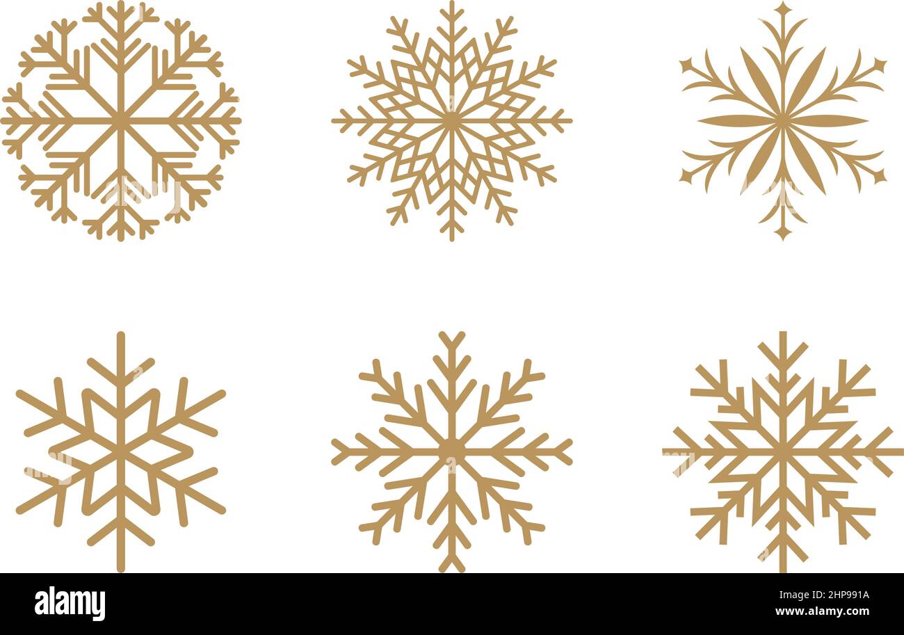 Oro frosty astratto simboli fiocco di neve su sfondo bianco. Illustrazione Vettoriale