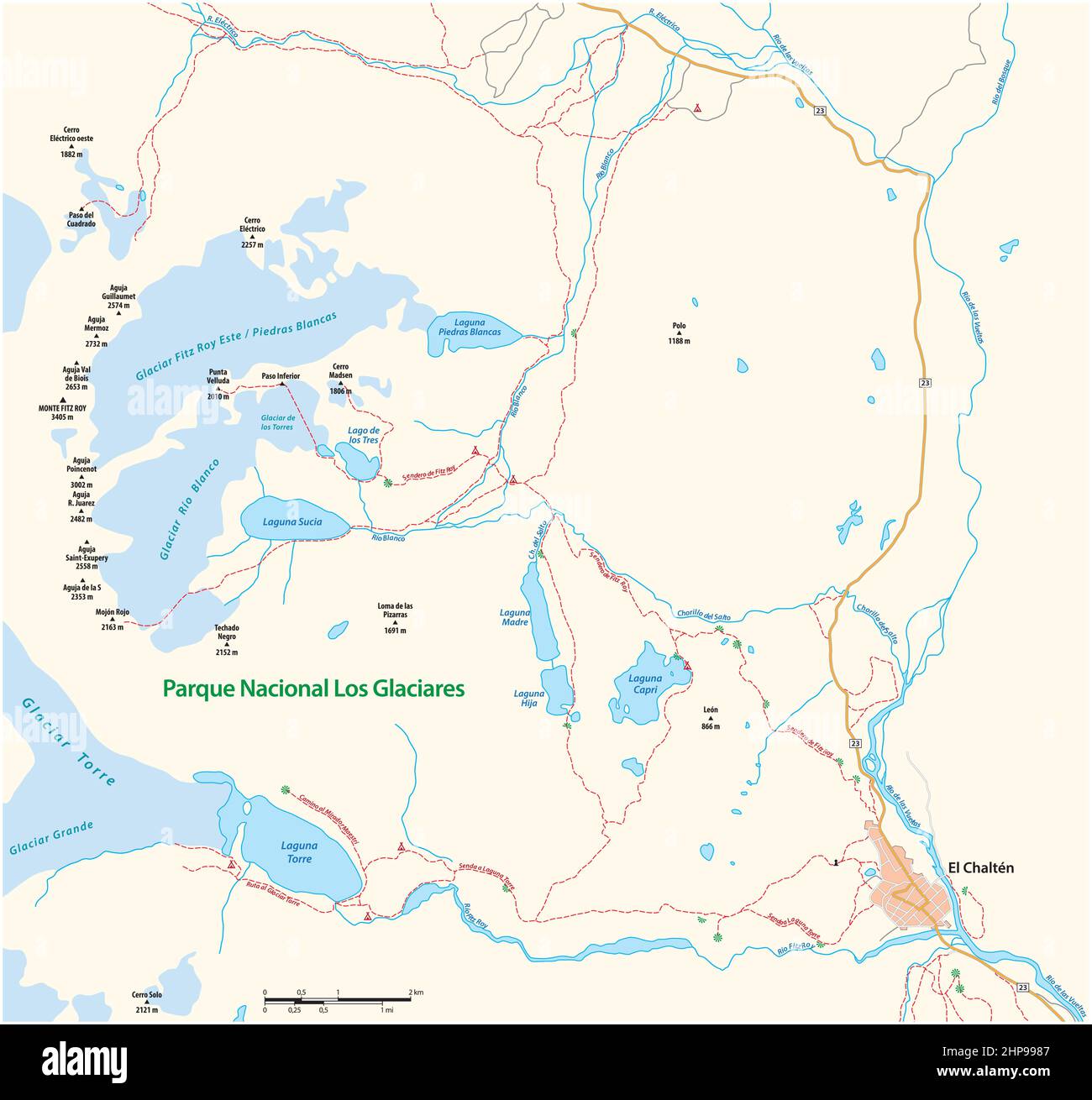 Mappa della zona intorno a El Chalten, Santa Cruz, Argentina Illustrazione Vettoriale