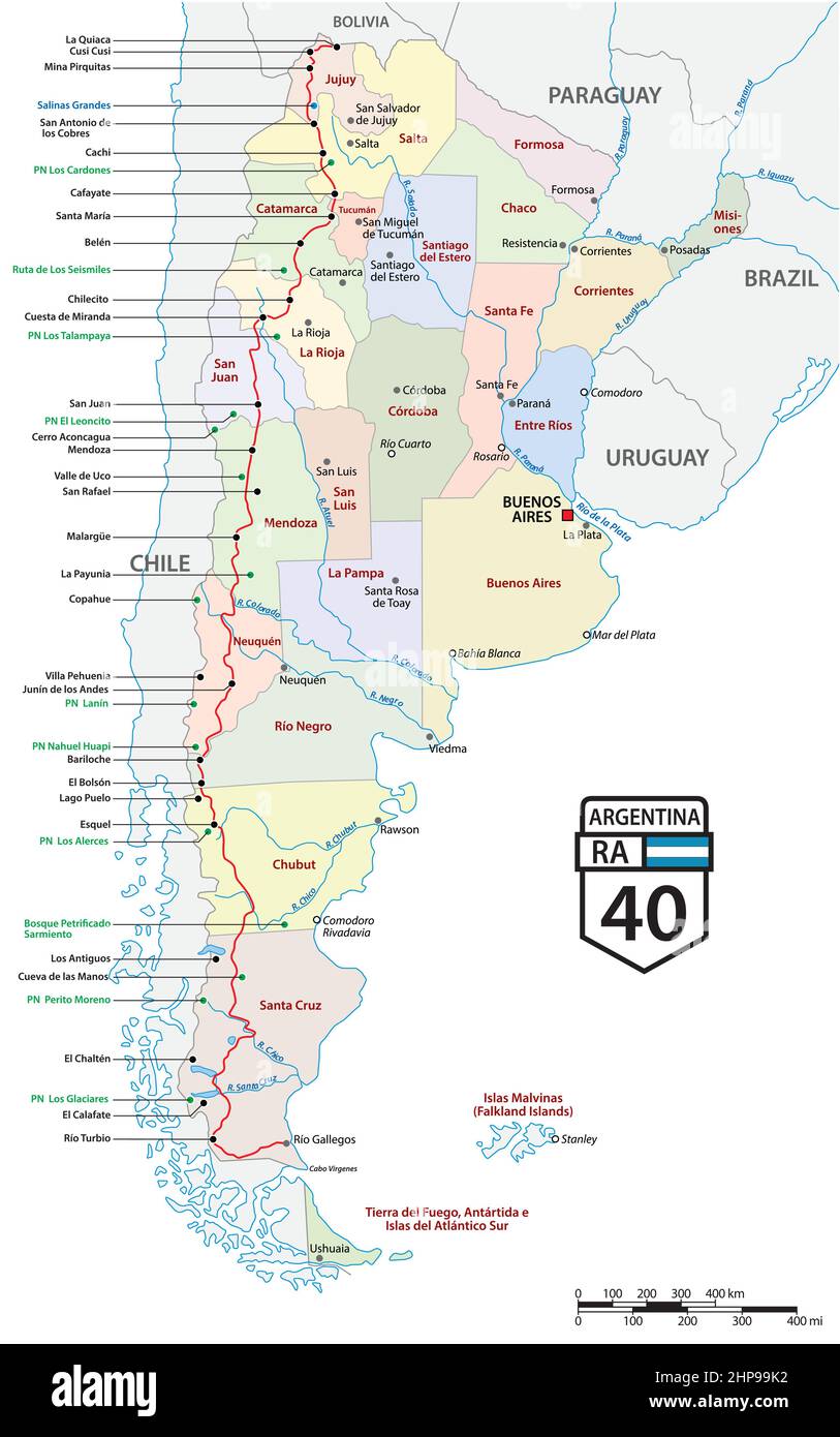 percorso della strada nazionale argentina 40 con attrazioni Illustrazione Vettoriale
