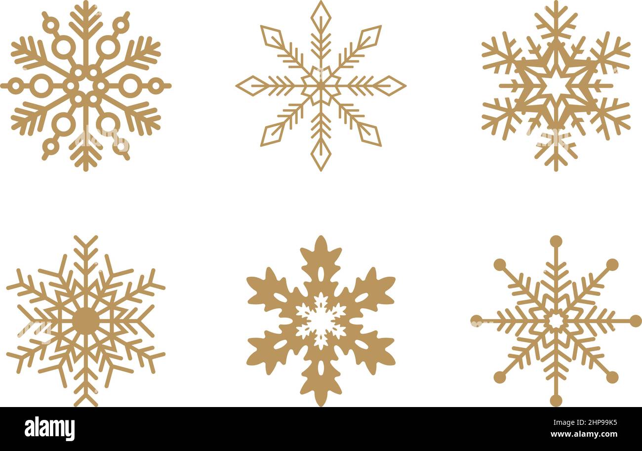 Oro frosty astratto simboli fiocco di neve su sfondo bianco. Illustrazione Vettoriale