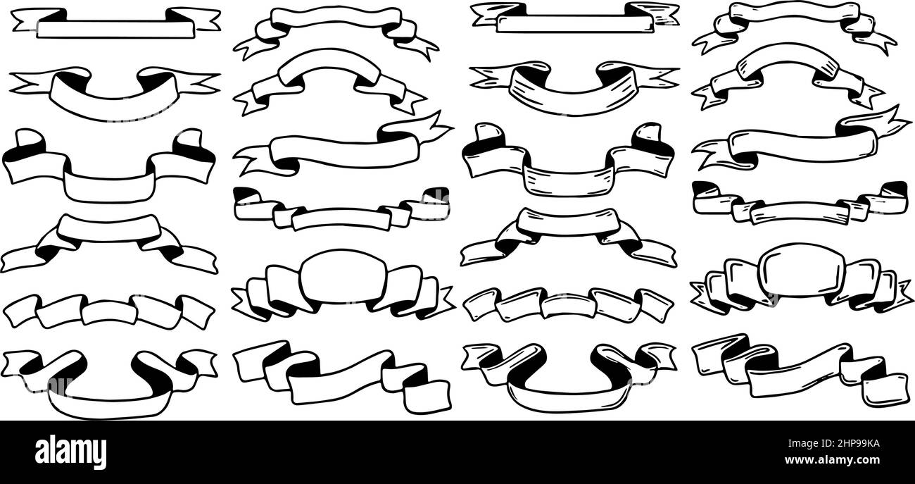 Striscioni decorativi disegnati a mano con e senza texture in nero su sfondo bianco Illustrazione Vettoriale