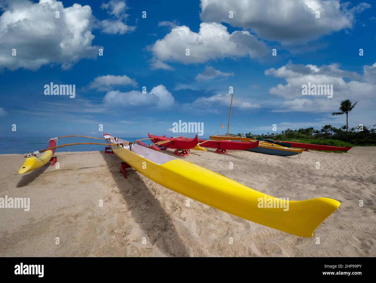 Canoe Outrigger sulla spiaggia. Hawaii, l'Isola di Bog Foto Stock