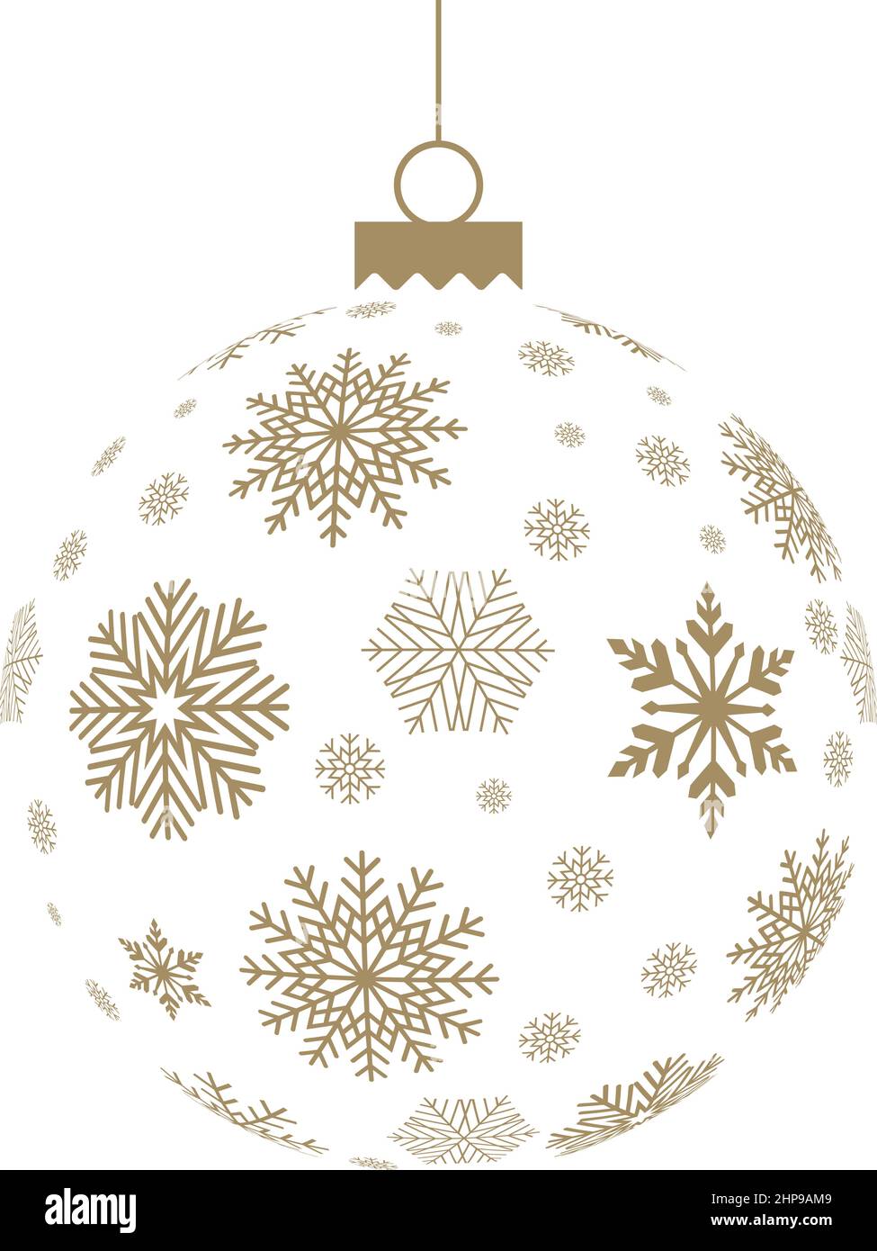 Natale ornato vettore bauble con simboli fiocchi di neve in oro. Illustrazione Vettoriale