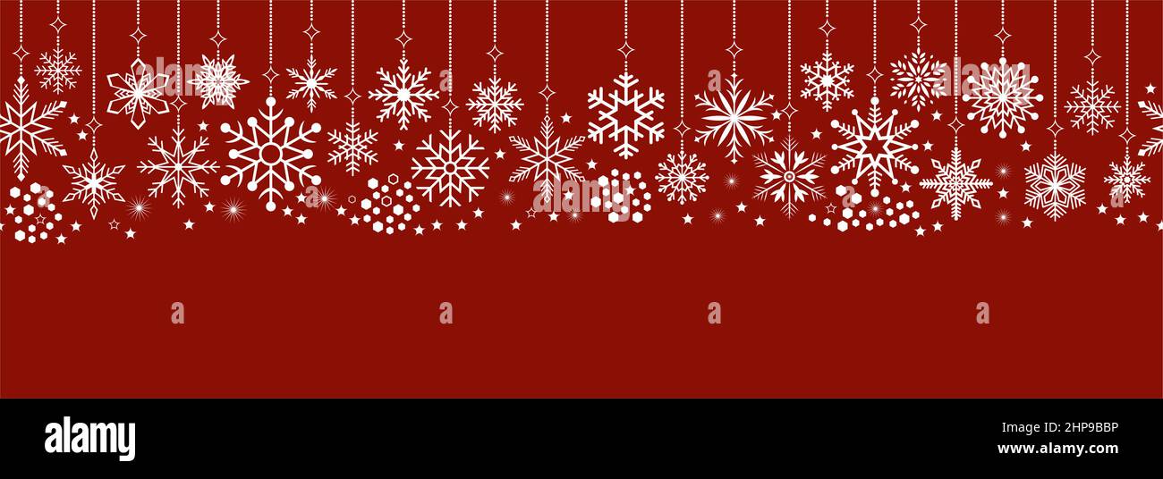 Vettore ornato natalizio senza cuciture con fiocchi di neve su sfondo rosso. Illustrazione Vettoriale