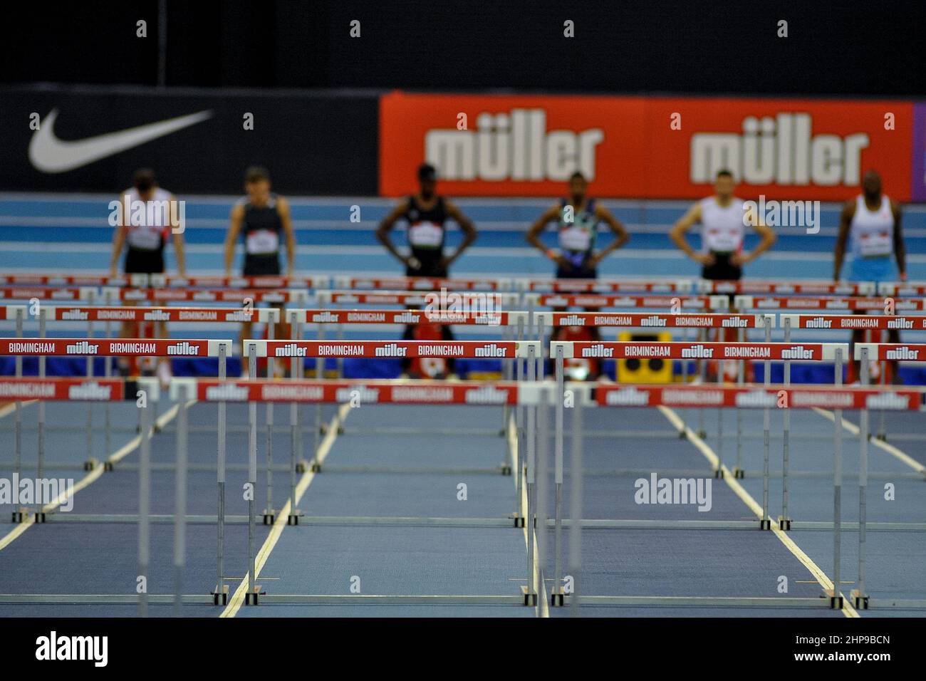 Birmingham, Regno Unito. 19th Feb 2022. Utilita Arena, Birmingham, Febbraio Muller Birmingham Mens 60m huddle durante il Muller Indoor Grand Prix Athletics, Birmingham, Febbraio 2022 Karl W Newton/Sports Press Photo Credit: SPP Sport Press Photo. /Alamy Live News Foto Stock