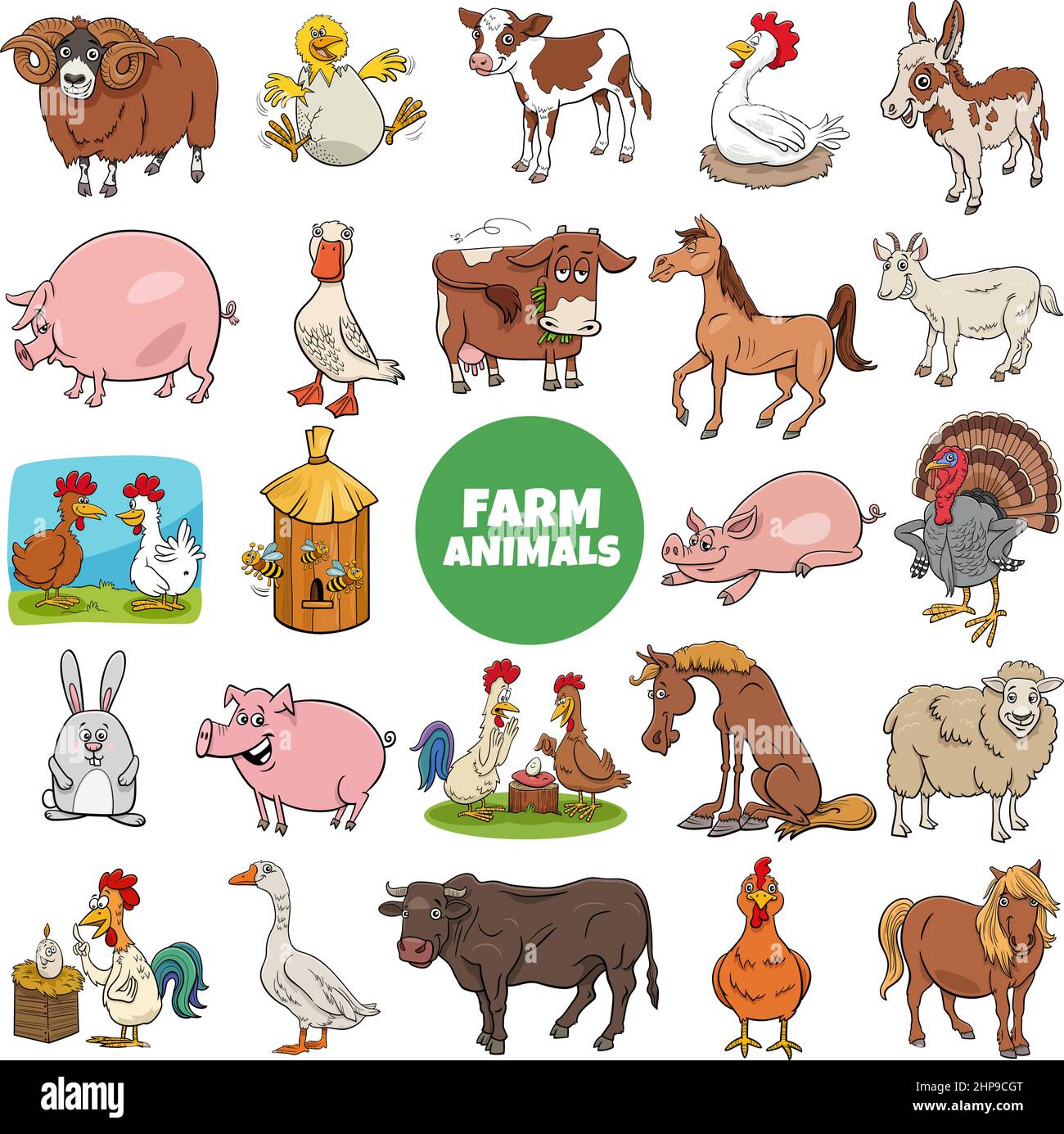 divertente fattoria cartoon personaggi animali grande set Illustrazione Vettoriale