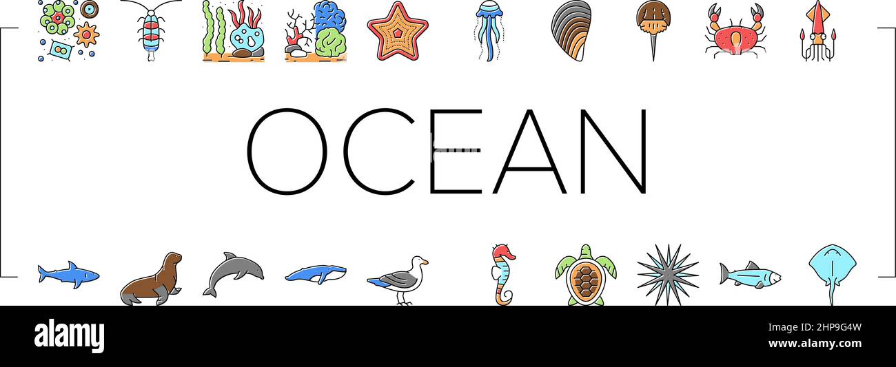 Ocean Underwater Life Collection icone Set Vector . Illustrazione Vettoriale