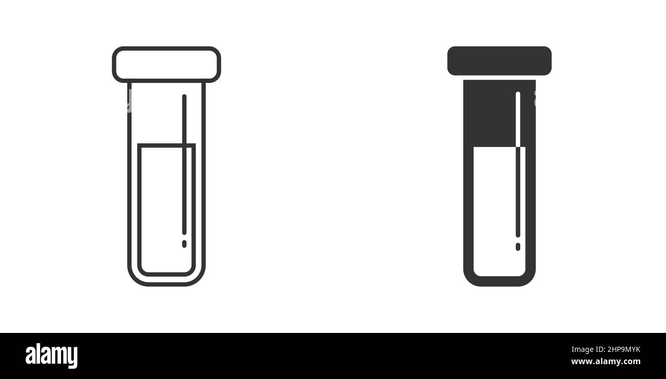 Icona del sangue nella provetta in stile piatto. Illustrazione del vettore del pallone da laboratorio su sfondo isolato. Il liquido nel becher firma il concetto aziendale. Illustrazione Vettoriale