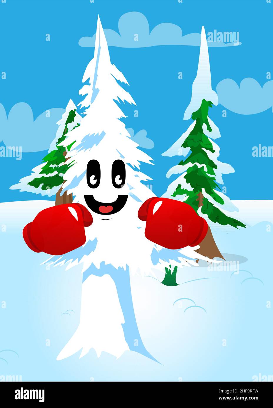 Cartoon inverno pini con facce che tengono i suoi pugni di fronte a lui pronto a combattere indossando guanti da boxe. Alberi di foresta carini. Neve su cartoon di pino c Illustrazione Vettoriale