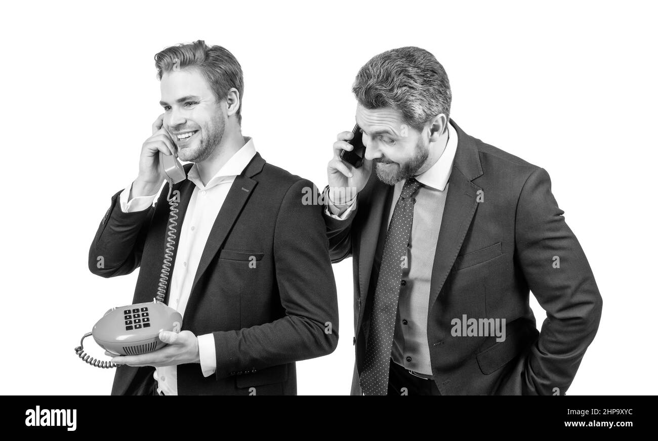 Cosa possiamo fare per voi. Capo moderno e capo vecchio stile. Comunicazione moderna e classica Foto Stock