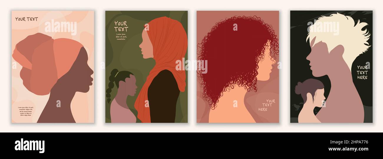 Profilo silhouette di donne multiculturali. Gruppo di donne e ragazze della diversità. Comunità femminile del social network. Uguaglianza razziale. Allyship. Empowerment Illustrazione Vettoriale