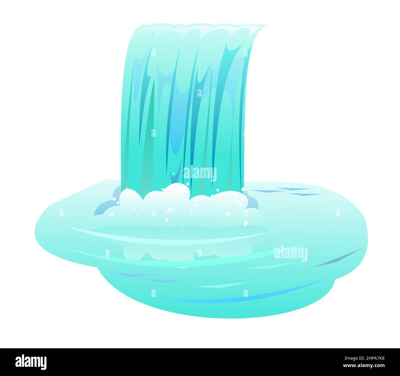 Acqua di cascata in streaming. Flusso in cascata ridotto verso il basso. Streaming veloce con schizzi. Entra nel piccolo lago. Oggetto isolato su sfondo bianco. Vettore. Illustrazione Vettoriale