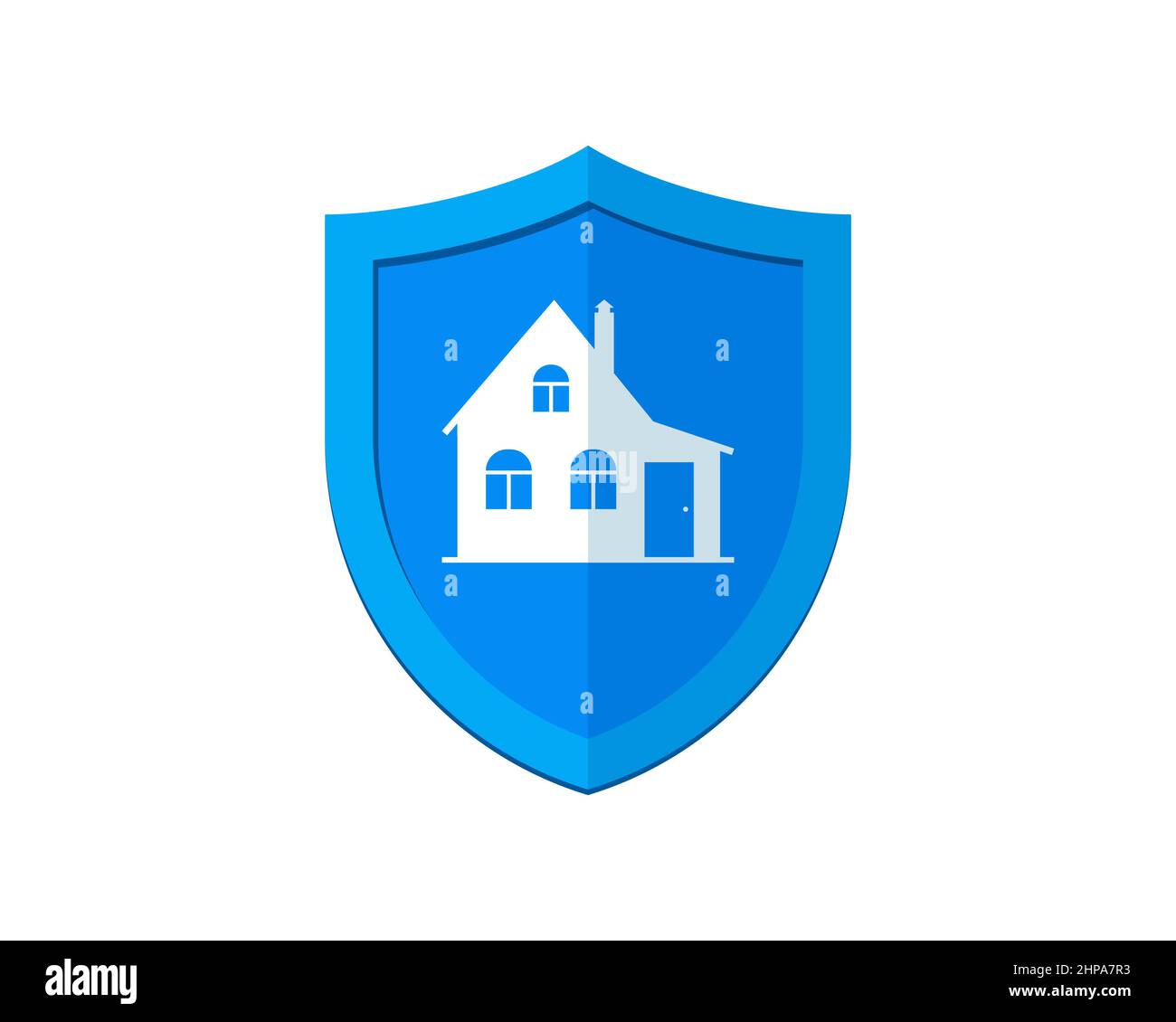 Modello di logo per la protezione della casa. Scudo blu con logo casa. Simbolo di protezione della proprietà. Icona allarme edificio. Illustrazione eps isolato con vettore di segnale di protezione Illustrazione Vettoriale