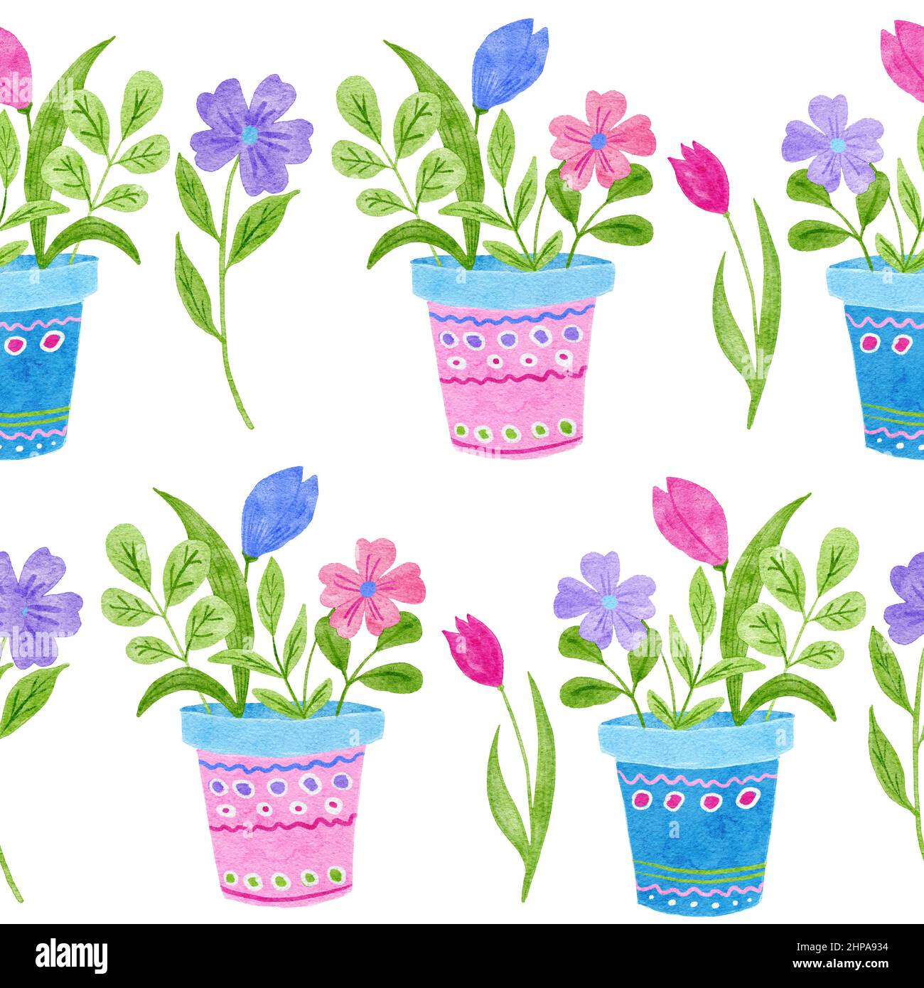 Acquerello disegno a mano senza cuciture con fiori primavera estate in vaso, tulipano blu margherita rosa. Elegante design minimalista per gli inviti alle nozze carta da imballaggio tessile, concetto di giardino naturale Foto Stock