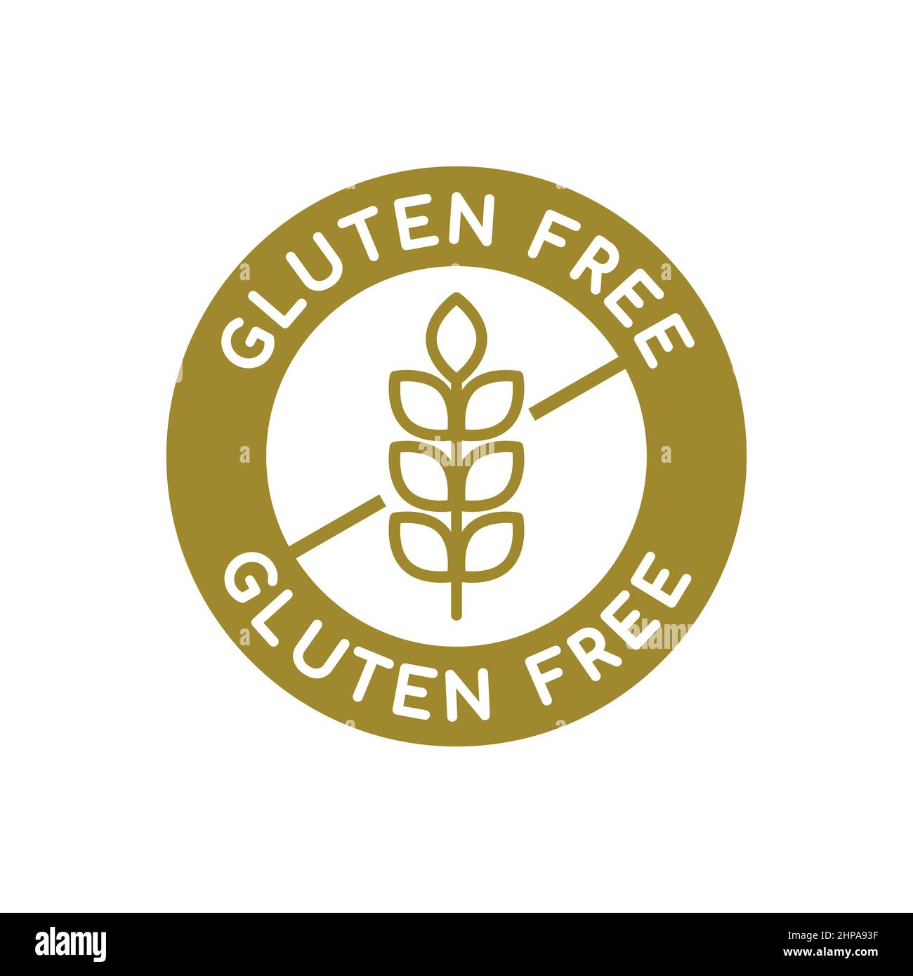 Logo senza glutine. Icona del grano in un cerchio d'oro. Etichetta rotonda con simbolo di grano incrociato. Sigillo di garanzia per evitare il glutine negli alimenti (frumento, orzo, segale). Illustrazione Vettoriale