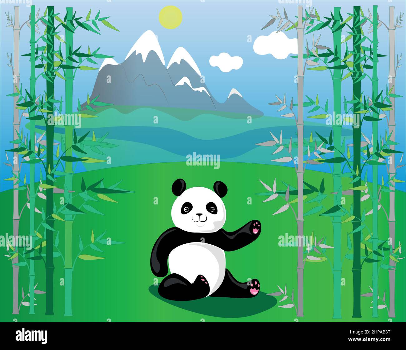 panda carino su uno sfondo di montagne tra bambù. La fauna selvatica è piena di bellezza, viaggiare in diverse parti del mondo apre nuovi orizzonti. Illustrazione Vettoriale