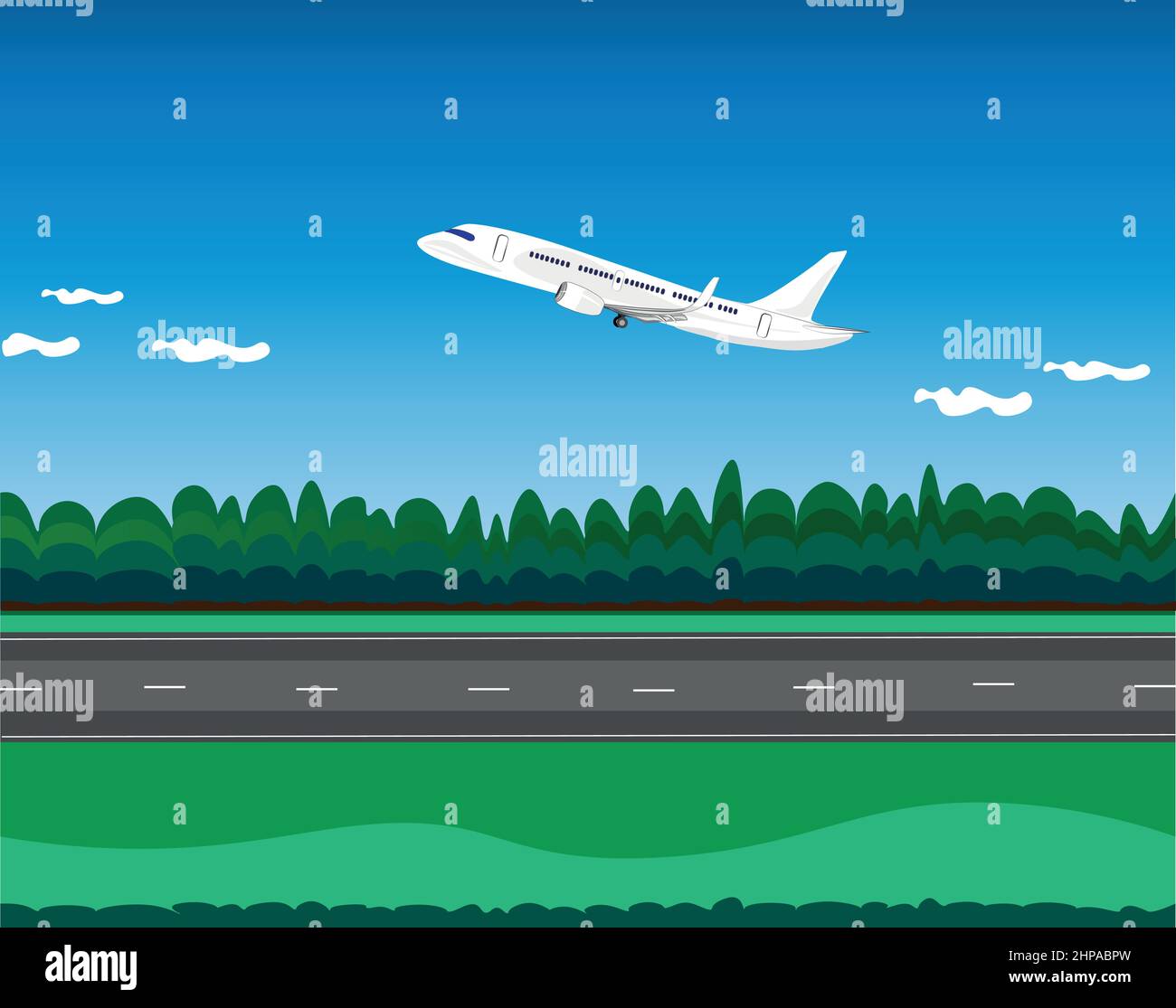 un aereo passeggeri che decollo all'aeroporto. Un aereo passeggeri bianco inizia un nuovo volo verso un futuro più luminoso. Viaggi apre nuovi orizzonti. Il Illustrazione Vettoriale