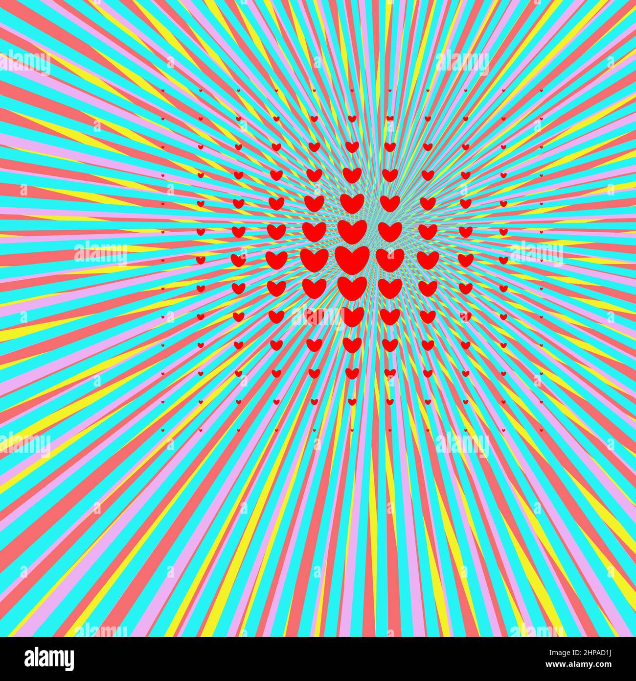 Retro multicolore raggi fumetto sfondo alla moda con cuore rosso sfumato mezzitoni e tratteggiate sfumature pop art stile. Illustrazione vettoriale. Vettore illustrati Illustrazione Vettoriale