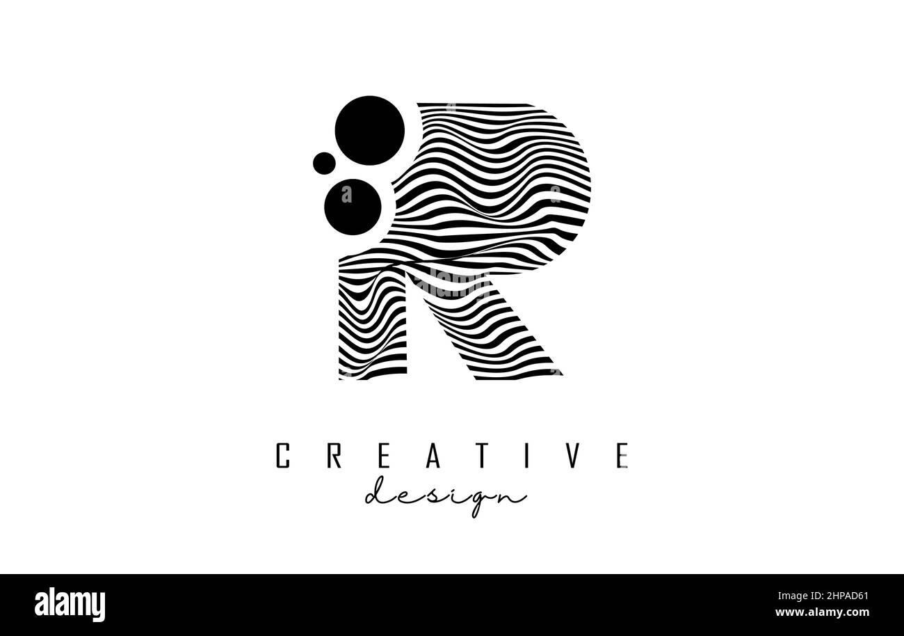 Lettera R ogo con linee e punti neri. Illustrazione vettoriale con tipografia geometrica. Icona creativa con lettera. Illustrazione Vettoriale