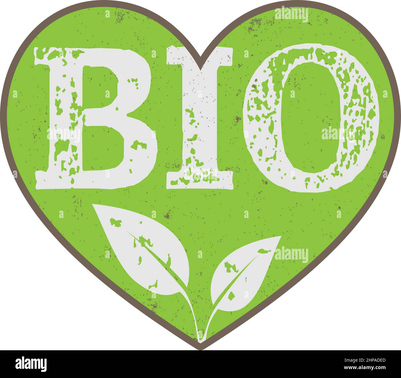 Sigillo o adesivo BIO verde grungy a forma di cuore, illustrazione vettoriale etichetta del prodotto organico Illustrazione Vettoriale
