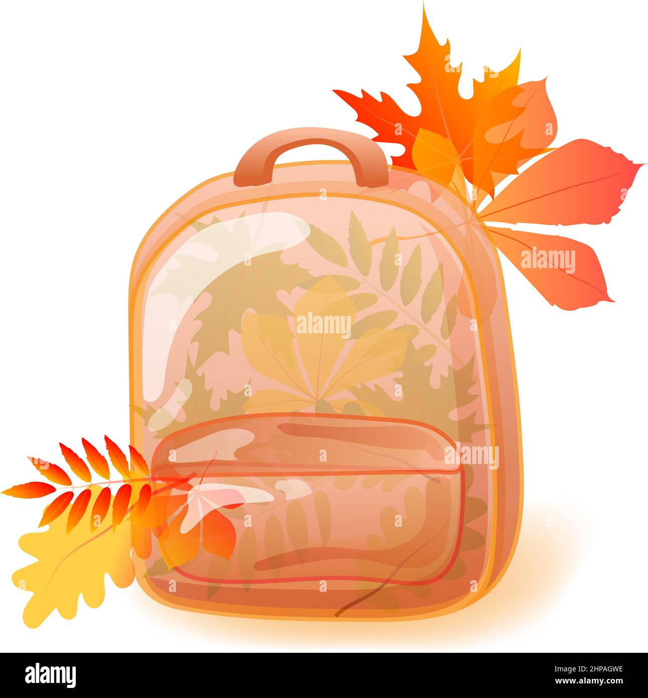 L'oggetto isolato su sfondo bianco. Zaino con foglie autunnali. Il concetto dell'inizio degli studi, nuove conoscenze. Autunno. Foglie gialle. Illustrazione Vettoriale