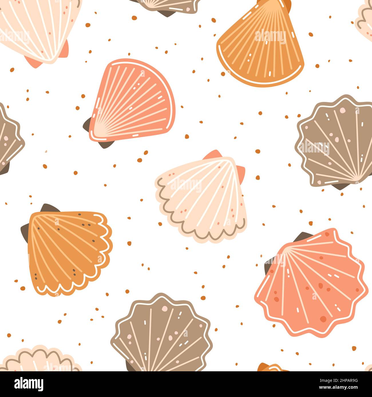 Conchiglie colorate su sfondo bianco. Pattern vettoriale senza giunture Illustrazione Vettoriale