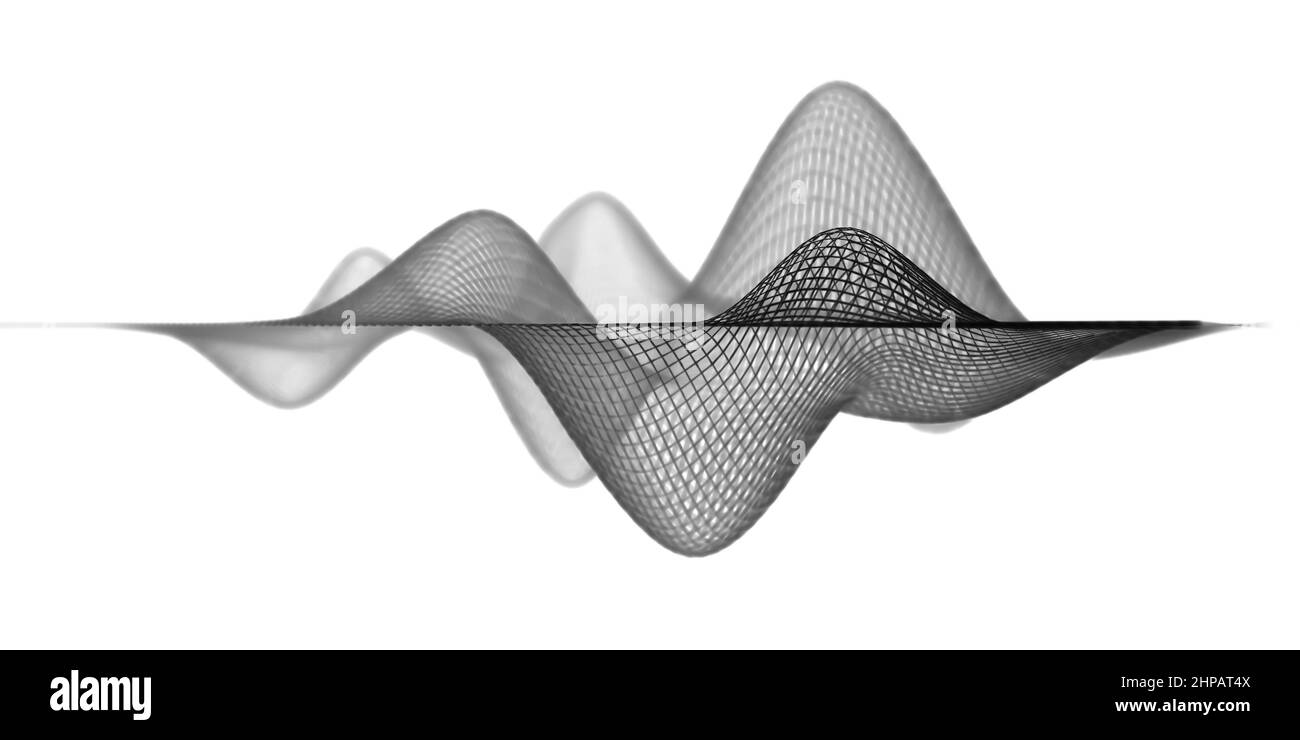 Forma d'onda a reticolo, visualizzazione astratta di onde sonore scure isolate o concetto di equalizzatore acustico con effetto fuoco selettivo e spazio di copia Foto Stock