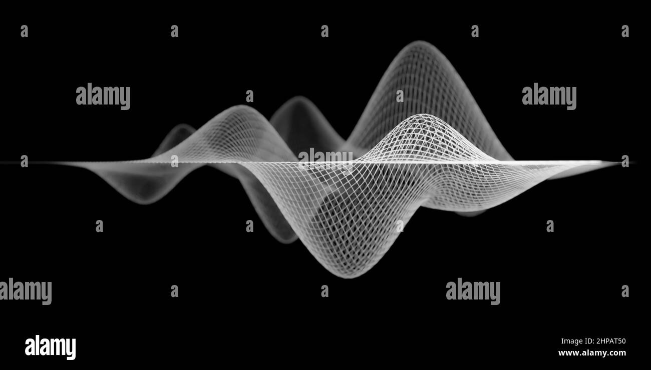 Forma d'onda a reticolo, visualizzazione astratta delle onde sonore bianche o concetto di equalizzatore acustico con effetto fuoco selettivo e spazio di copia Foto Stock