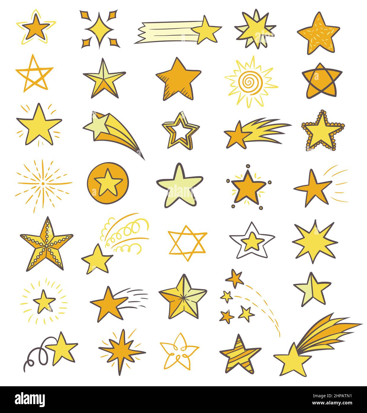 Set di elementi cosmici, stelle e cometa disegnati a mano e di colore piatto su sfondo bianco. Illustrazione Vettoriale