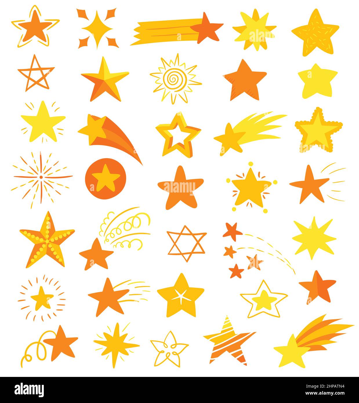 Set di elementi cosmici, stelle e cometa disegnati a mano e di colore piatto su sfondo bianco. Illustrazione Vettoriale