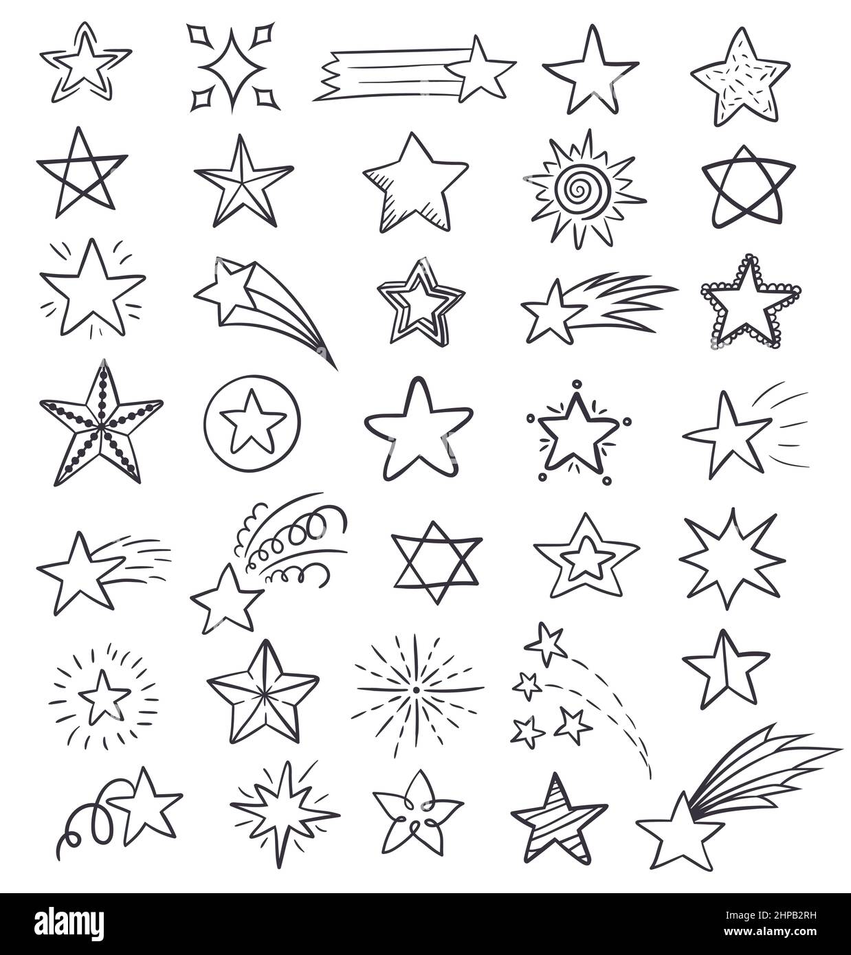 Set di elementi cosmici lineari, stelle e cometa disegnati a mano di colore nero su sfondo bianco. Illustrazione Vettoriale