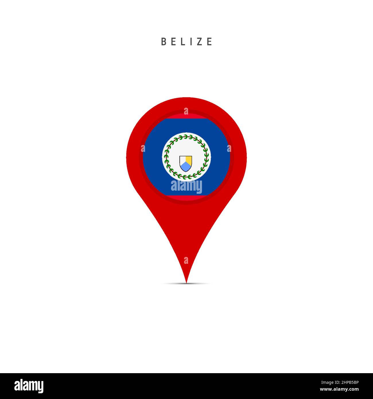 Marcatore mappa a goccia con bandiera di Belize. Flag Belizean inserito nel pin della mappa di posizione. Illustrazione vettoriale piatta isolata su sfondo bianco. Illustrazione Vettoriale