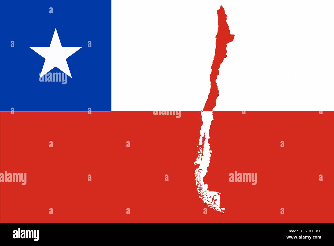 Mappa di silhouette rossa e bianca del paese sudamericano del Cile posta sulla bandiera nazionale Foto Stock