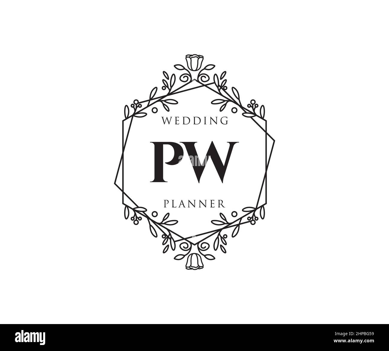 PW iniziali lettera matrimonio monogramma collezione loghi, disegnati a mano moderni minimalistici e modelli floreali per carte di invito, Salva la data, elegante Illustrazione Vettoriale