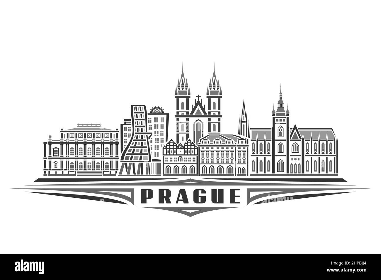 Illustrazione vettoriale di Praga, poster orizzontale monocromatico con disegno lineare famoso paesaggio della città di praga, concetto di arte urbana con lettera decorativa Illustrazione Vettoriale