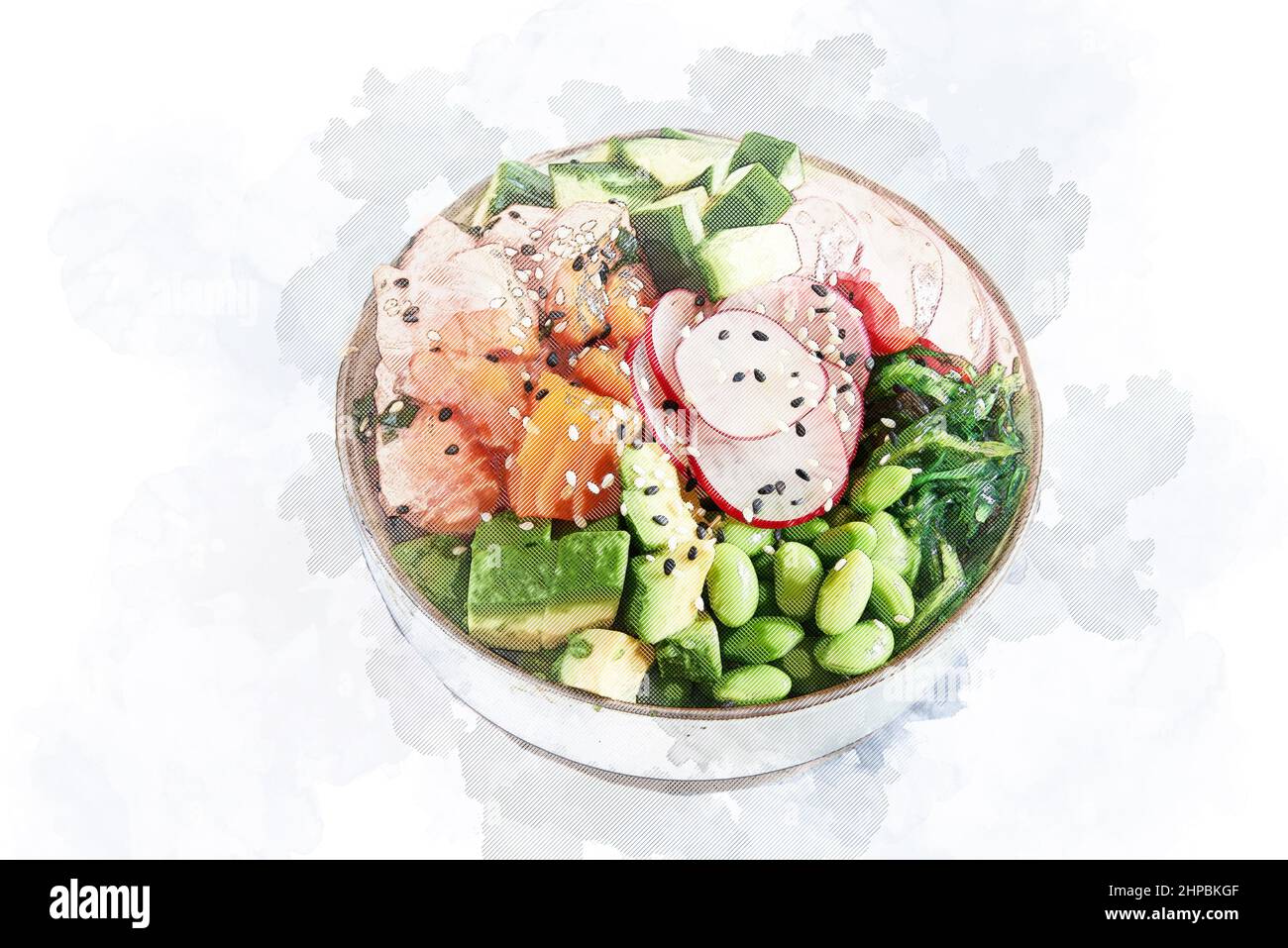 Illustrazione schizzo di una ciotola di poke colorata con salmone Foto Stock