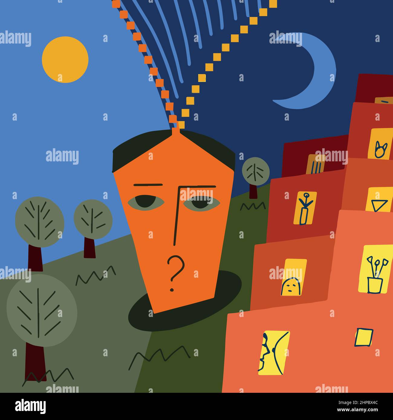 una composizione formale stilizzata in un'immagine è una questione sia di giorno che di notte, illustrazione vettoriale Illustrazione Vettoriale