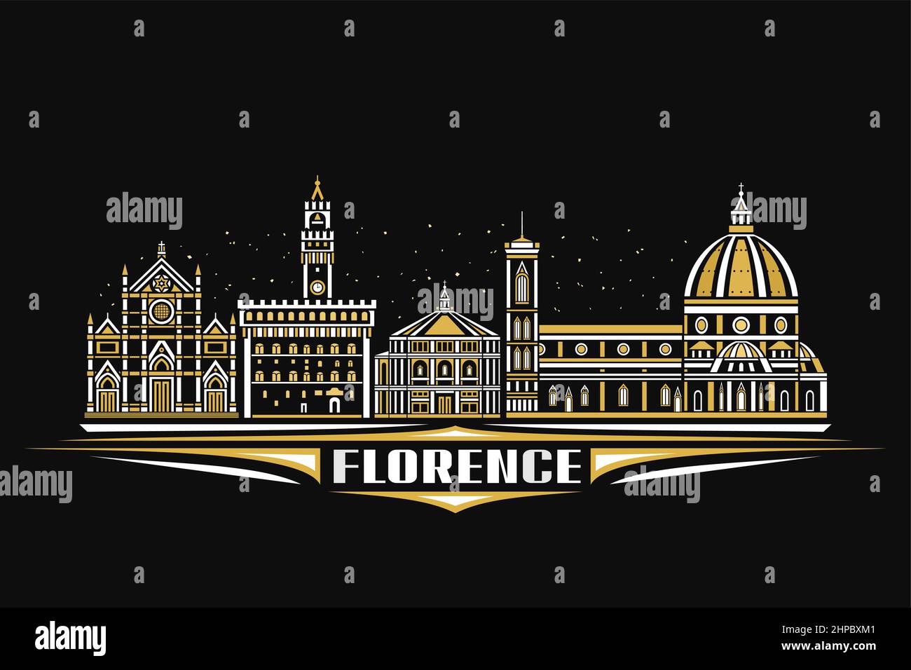 Illustrazione vettoriale di Firenze, poster orizzontale scuro con disegno lineare famoso paesaggio cittadino di firenze su sfondo cielo crepuscolo, arte urbana europea Illustrazione Vettoriale
