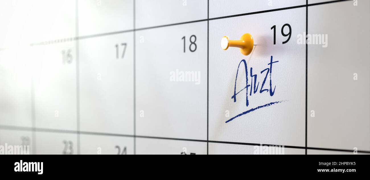 Dottori concetto di nomina in tedesco. Un calendario con una voce 'Arzt' (Dottore) e un thumbtack. Messa a fuoco selettiva. Formato banner Web Foto Stock