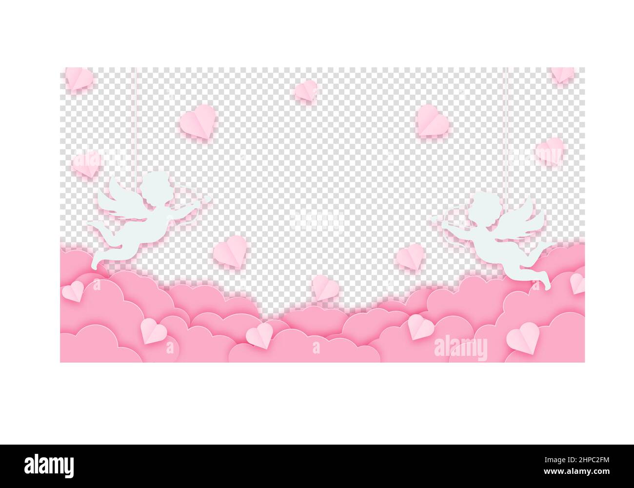 Buon San Valentino. Nuvole o nuvole rosa e cuori amour o cupidi su sfondo trasparente. Illustrazione vettoriale. Illustrazione Vettoriale