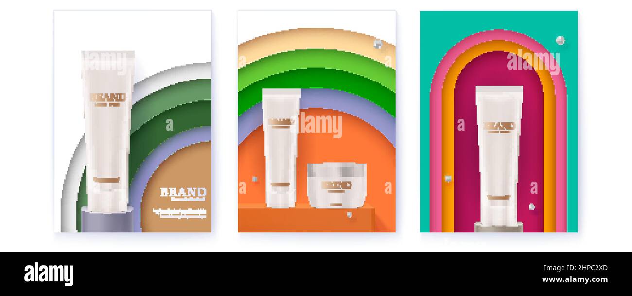 Annuncio di crema cosmetica e solare. Prodotti su sfondi tagliati in carta. Illustrazione Vettoriale