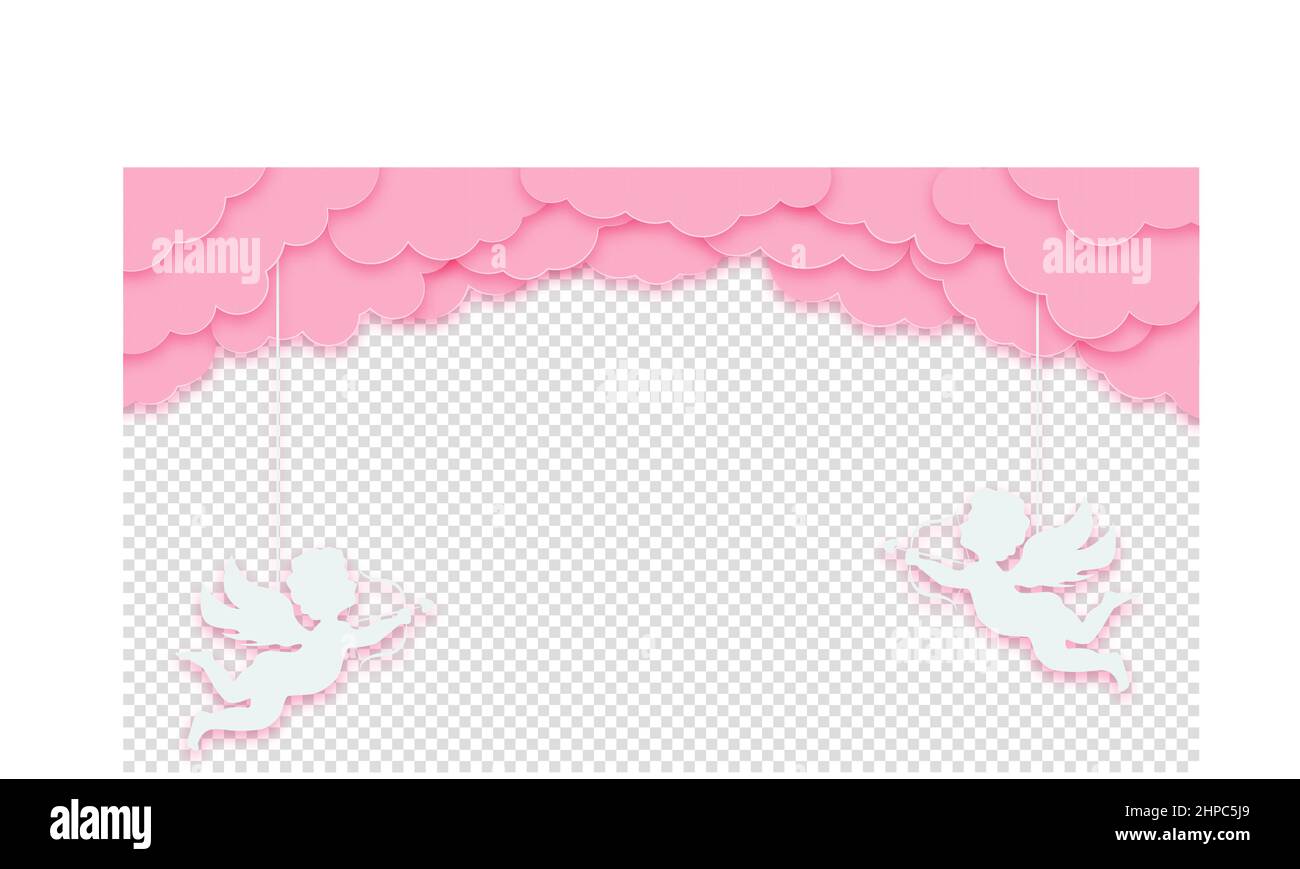 Buon San Valentino. Nuvole rosa o nuvole con amour o cupide su sfondo trasparente. Illustrazione vettoriale. Illustrazione Vettoriale