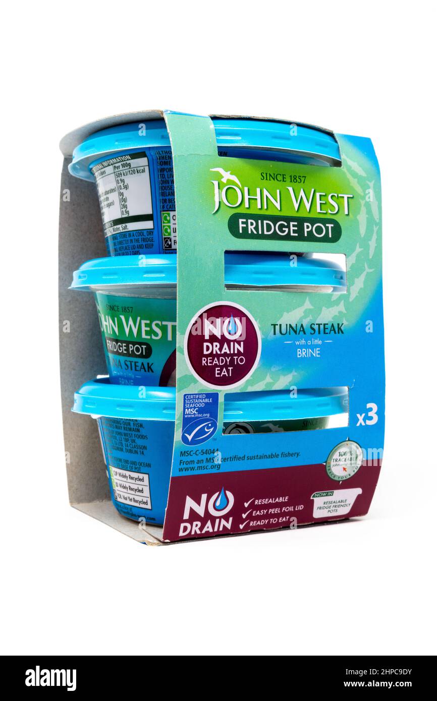 John West No drain Frigo Pot Tuna Steak con un po' di salamoia Foto Stock