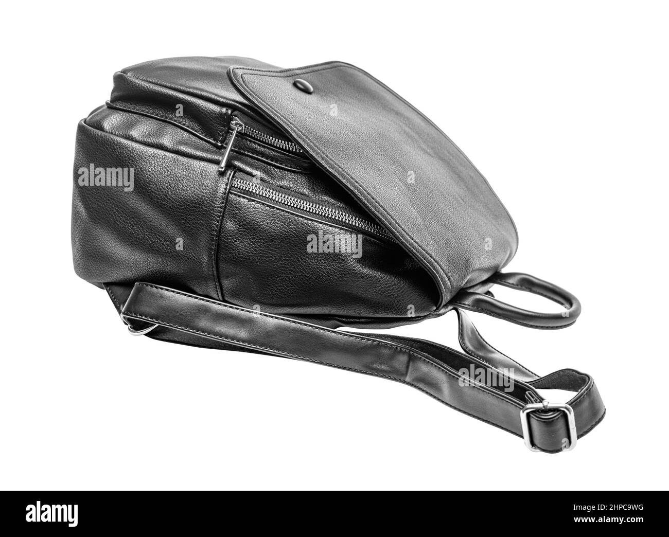 Zaino in pelle nera su sfondo bianco. Foto Stock