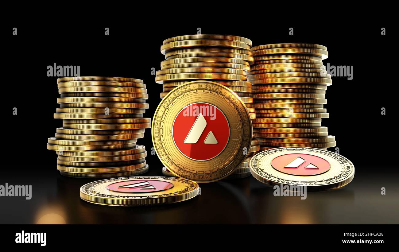 Valanga con gruppo di monete su sfondo nero. Simbolo di criptovaluta digitale decentralizzato. 3D illustrazione. Foto Stock