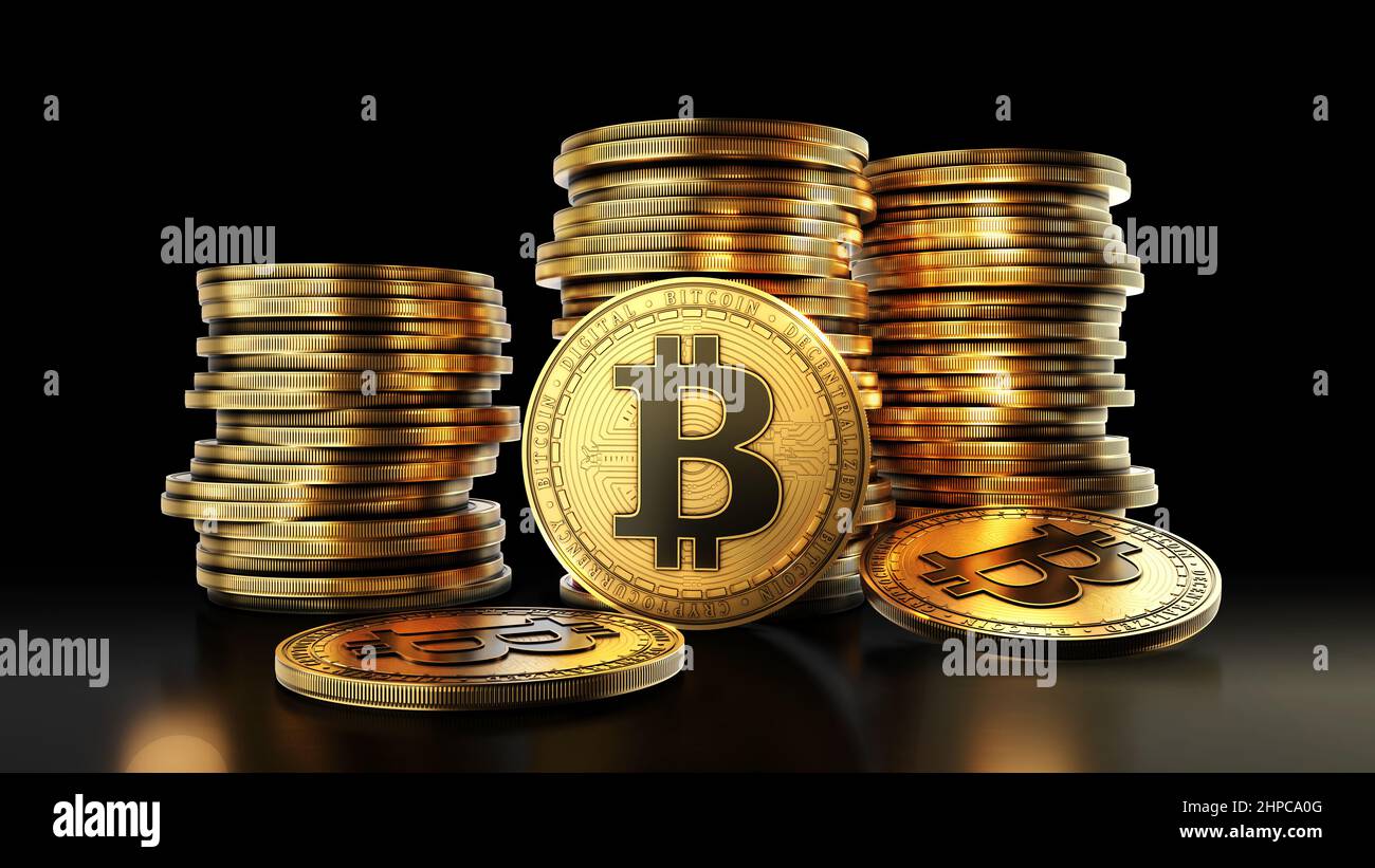 Bitcoin con gruppo di monete su sfondo nero. Simbolo di criptovaluta digitale decentralizzato. 3D illustrazione. Foto Stock